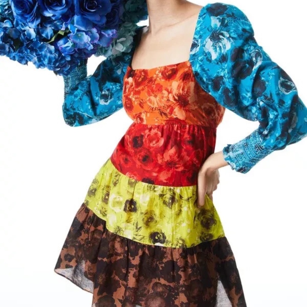 NWOT Alice + Olivia Rowan Floral Tiered Babydoll Colorful Square Neck Dress XS
